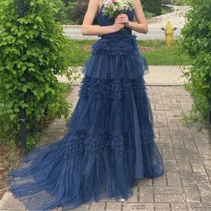 Size 2 navy blue prom dress with tiered sparkled tulle